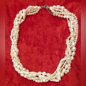 Freshwater Pearl 5 Strand Necklace 332 Pearls Different Sizes Shapes Silvertone
